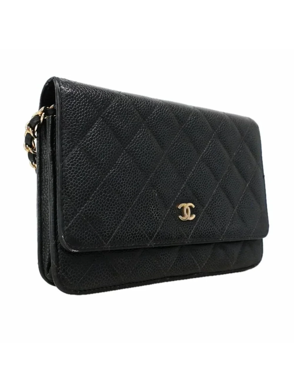 Chanel Wallet on Chain Quilted Caviar Leather Black Gold Shoulder Bag